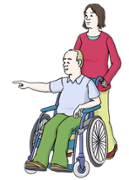 Illustration zeigt einen Rollstuhlfahrer, der von einer Frau geschoben wird