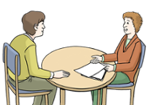 Illustration zeigt zwei Menschen, die an einem Tisch sitzen