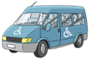 Illustration eines blauen Kleinbusses für Menschen mit Behinderung