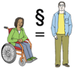 Illustration, die Gleichberechtiugung zwischen Mann und Frau und Mensch mit und ohne Behinderung darstellt
