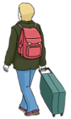 Illustration einer Person mit Rucksack und Rollkoffer