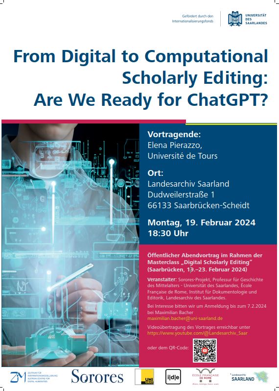Öffentlicher Abendvortrag im Rahmen der Masterclass „Digital Scholarly Editing“ (Saarbrücken, 19.–23. Februar 2024)