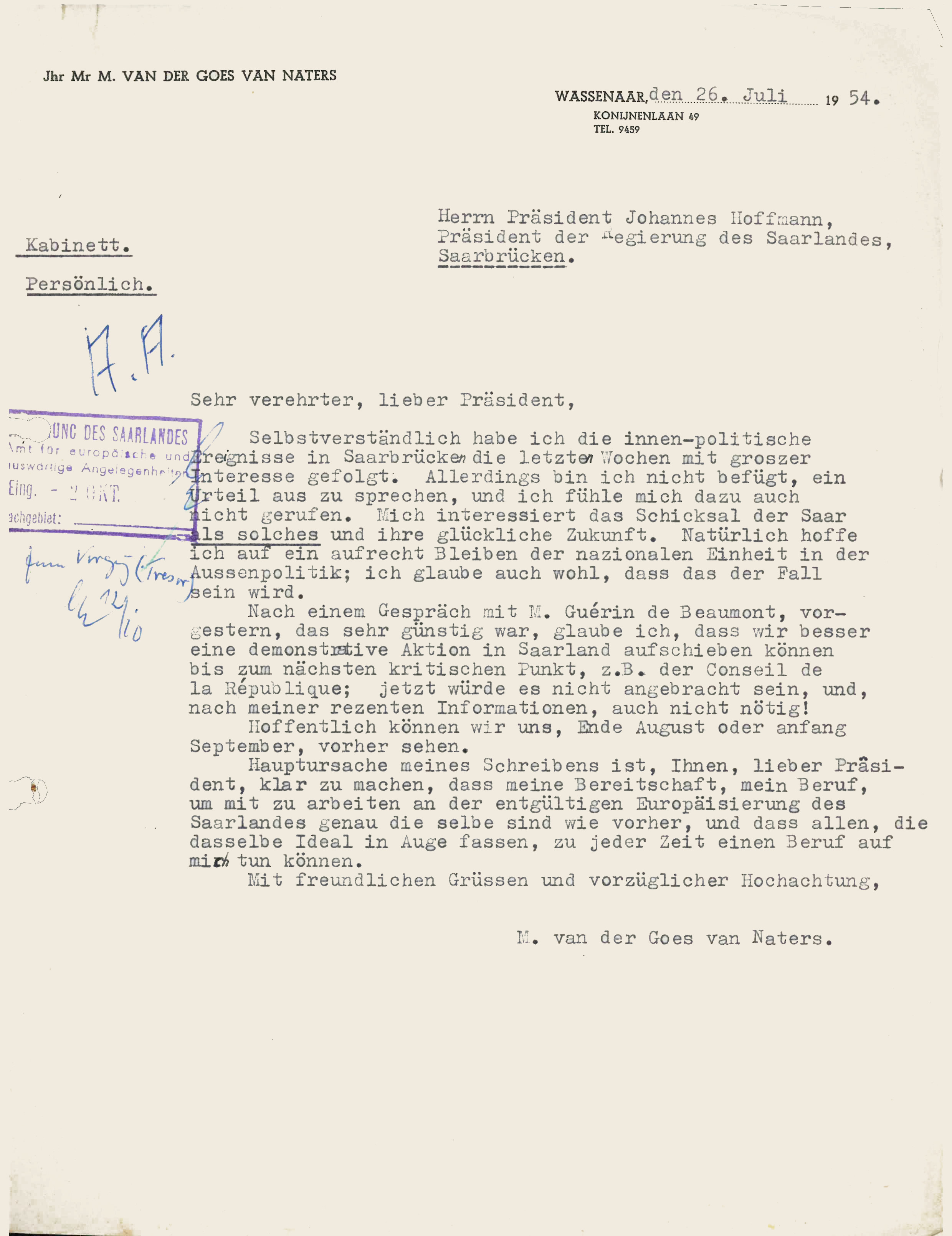Korrespondenz zwischen Van Naters und dem saarländischen Ministerpräsidenten Johannes Hoffmann vom Sommer 1954