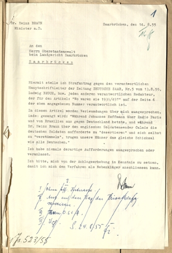 Heinz Braun an Oberstaatsanwalt beim Landgericht Saarbrücken.