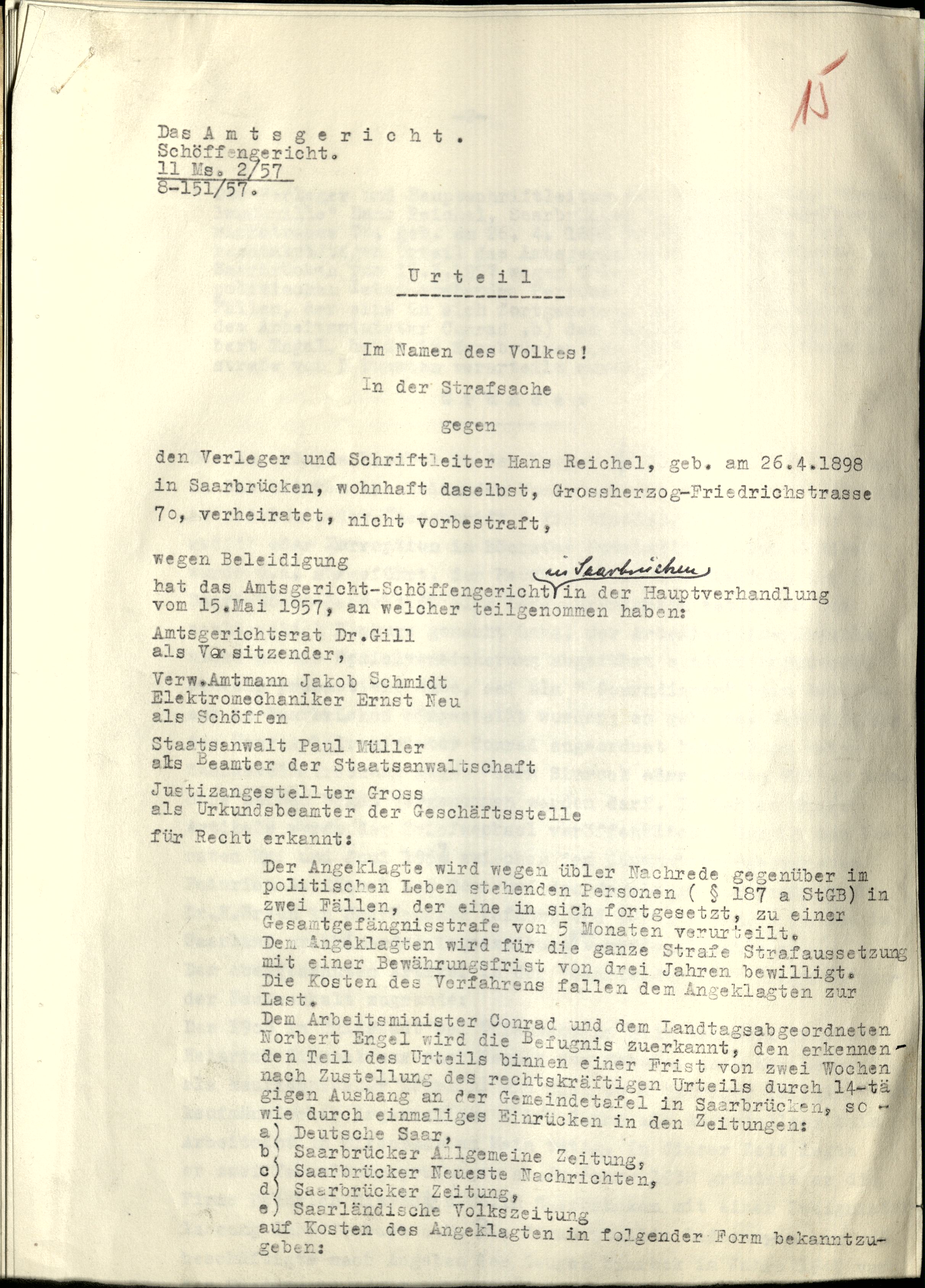 Urteil des Amtsgericht-Schöffengericht in Saarbrücken vom 15. Mai 1957 gegen Hans Reichel wegen Beleidigung.
