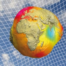 Weltkugel mit Darstellung der Erde, Gitternetzlinien und farbigem Wärmepfrofil